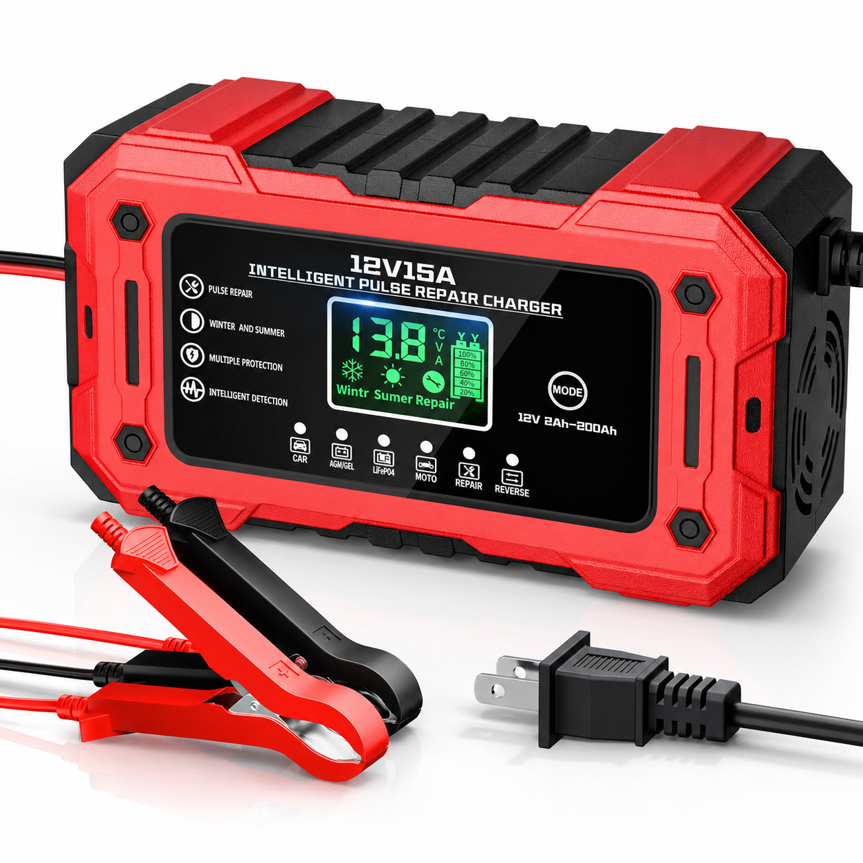 [PROMO] Cargador Inteligente 15A 12V para Batería de Auto - Carga Rápida, Repara y Mantiene con Pantalla LCD